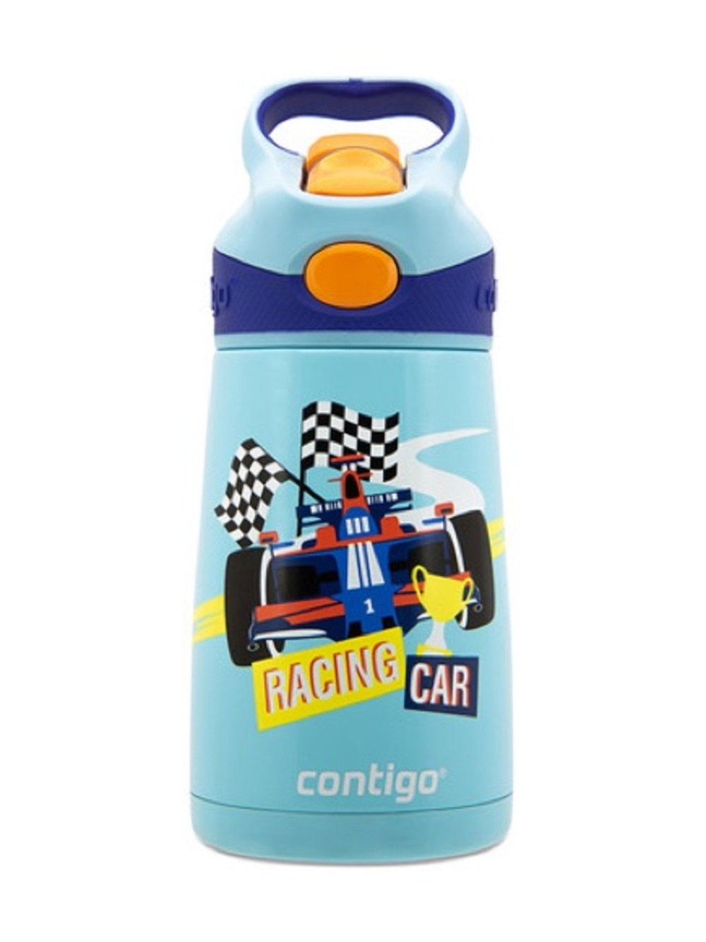 Contigo Kids Stainless Steel Water Bottle 12oz Racing Car Spill Proof Straw blue